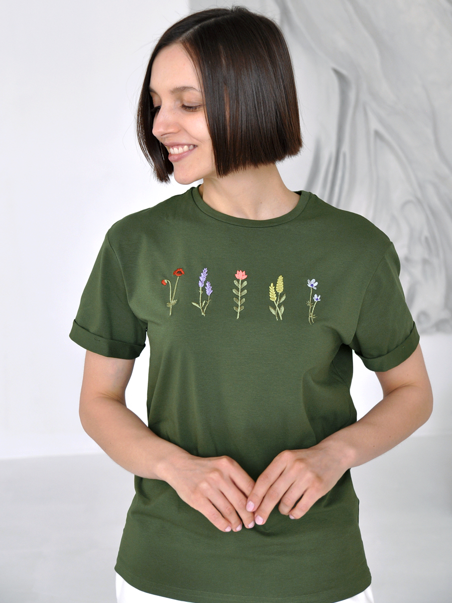 Женская темно-зеленая футболка оверсайз с вышивкой "5 flowers"