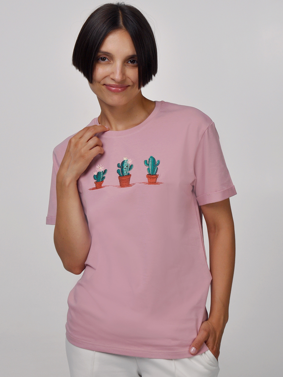 Женская футболка оверсайз цвета пыльная роза с вышивкой "Кактусы"