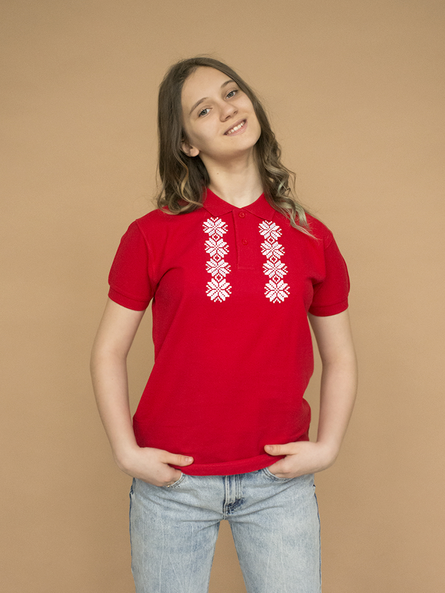 Детская футболка-поло красная с белой вышивкой "Хараство"