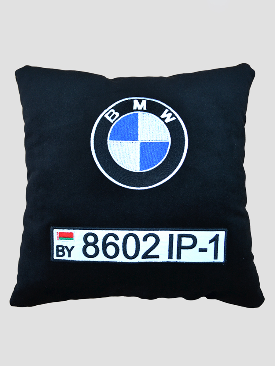 Подушка черная "BMW" с гос.номером , 40х40 см