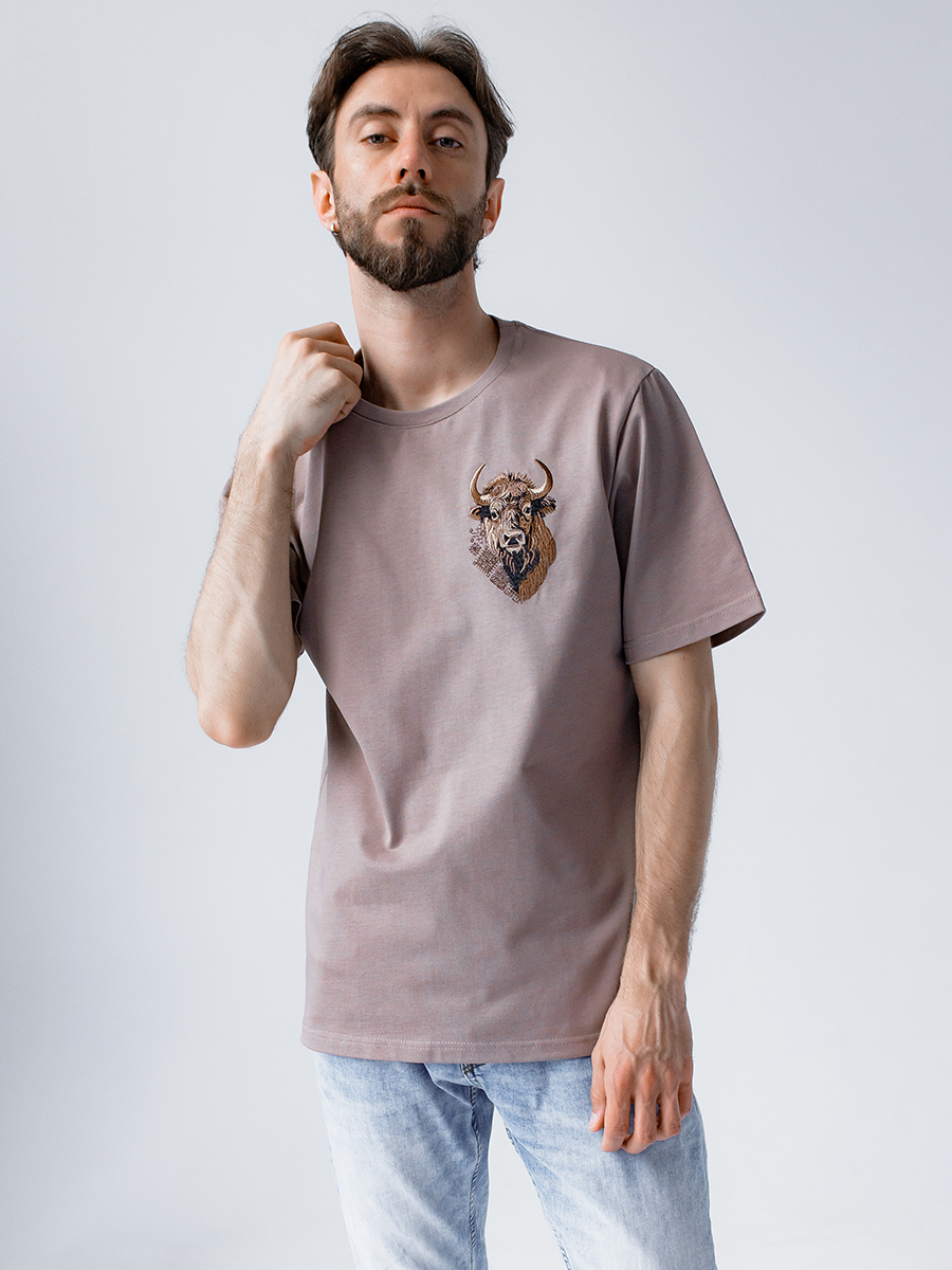 Капучино футболка мужская плотная с вышивкой "Бизон"