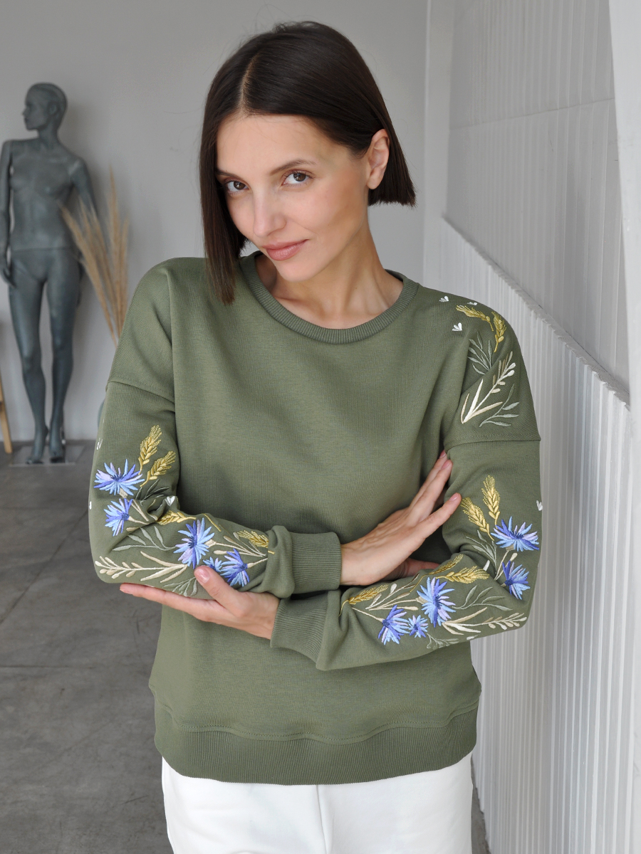 Женский свитшот цвета хаки с вышивкой "Валошкі ў каласах"