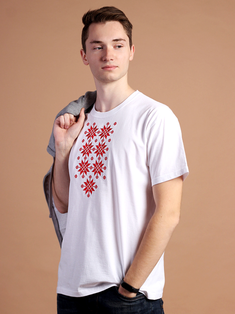 Мужская футболка белая с красной вышивкой "Жыццё" 