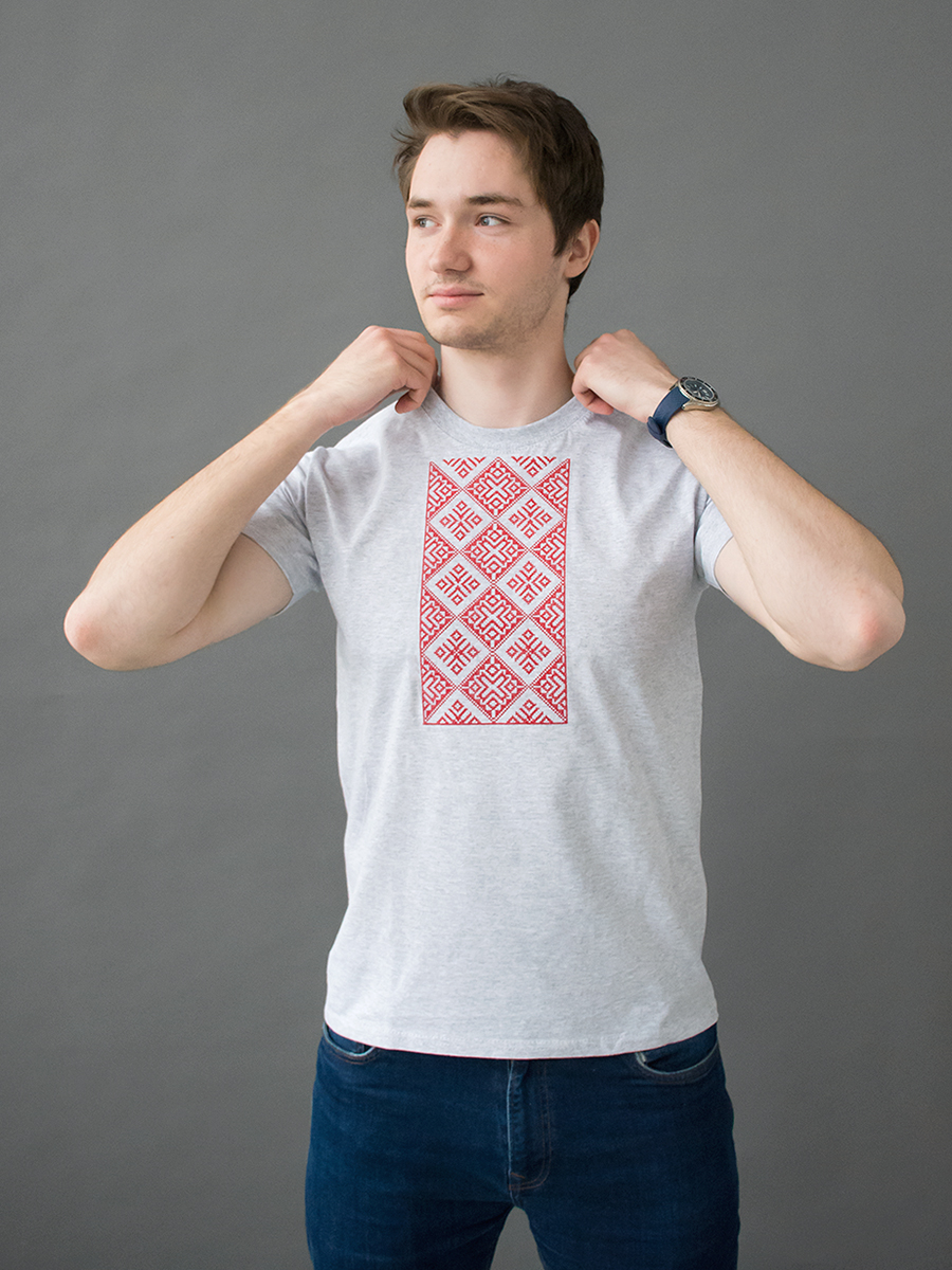 Мужская футболка серая с красной вышивкой "Прыяднанне" 