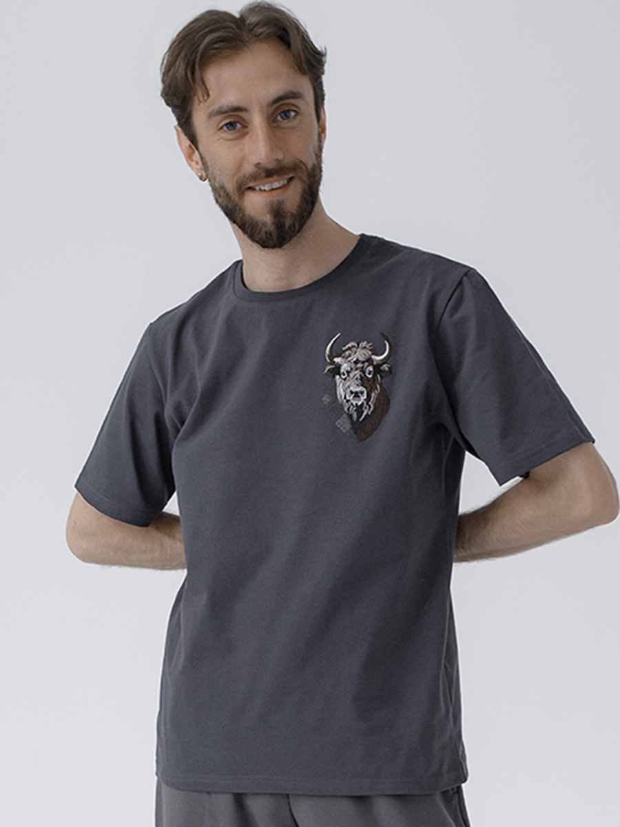Графитовая футболка мужская плотная с вышивкой "Бизон"