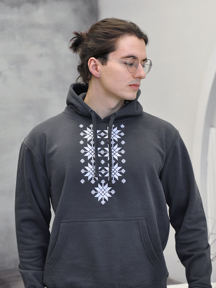 Худи мужское темно-серое с белой вышивкой "Жыццё"