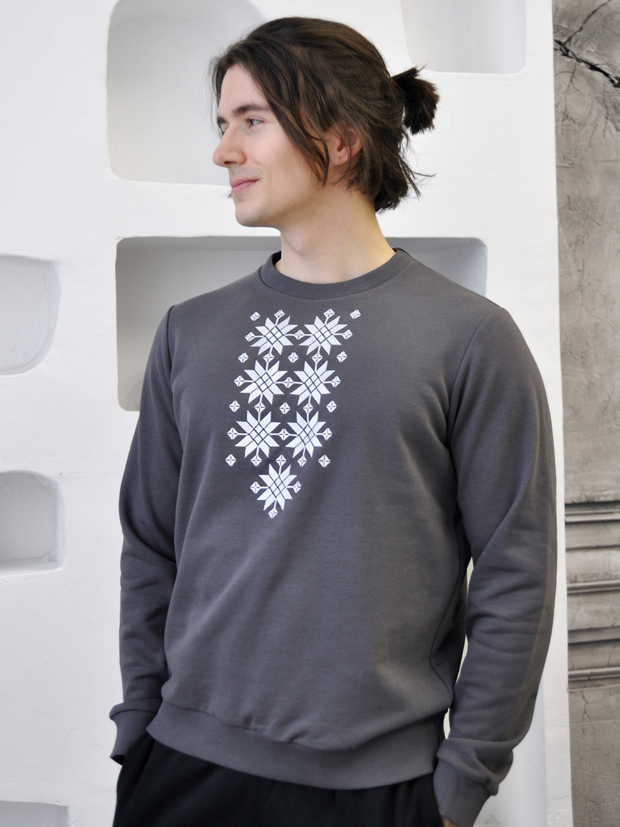 Свитшот мужской графитовый с белой вышивкой "Жыццё" 