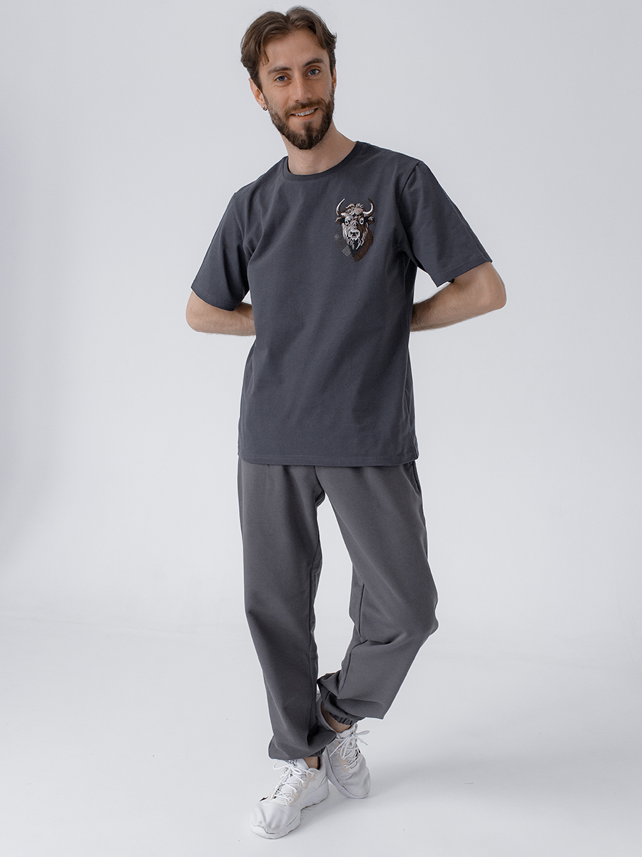 Графитовая футболка мужская плотная с вышивкой "Бизон"