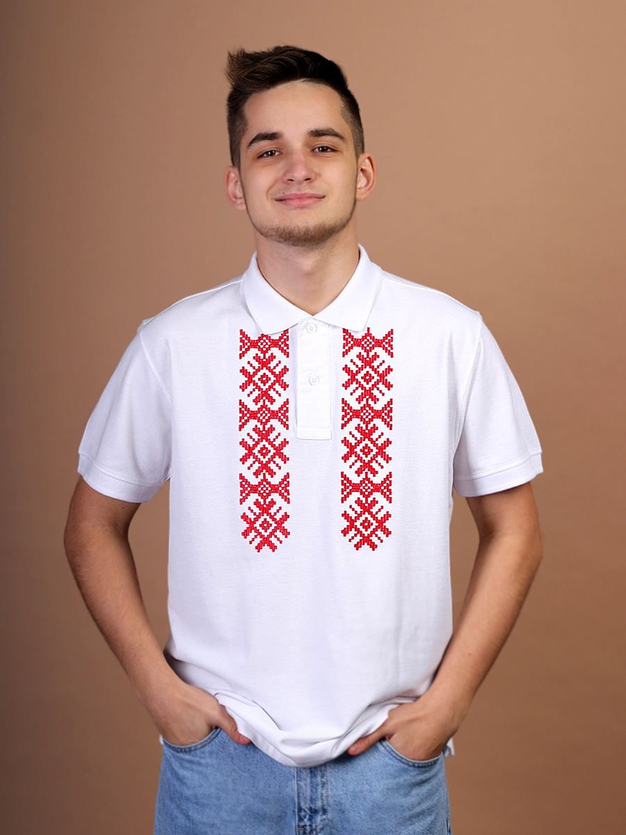 Футболка-поло мужская белая с красной вышивкой "Солнце"