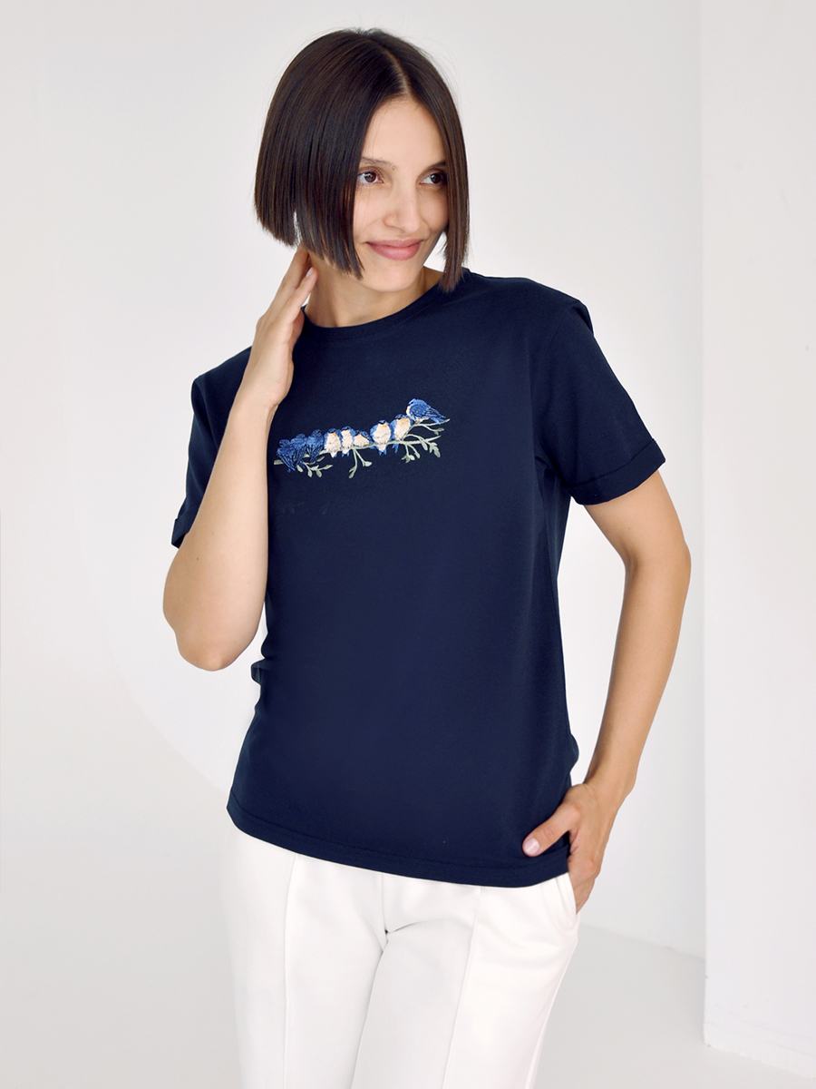 Женская темно-синяя футболка оверсайз с вышивкой "Птичьи посиделки"