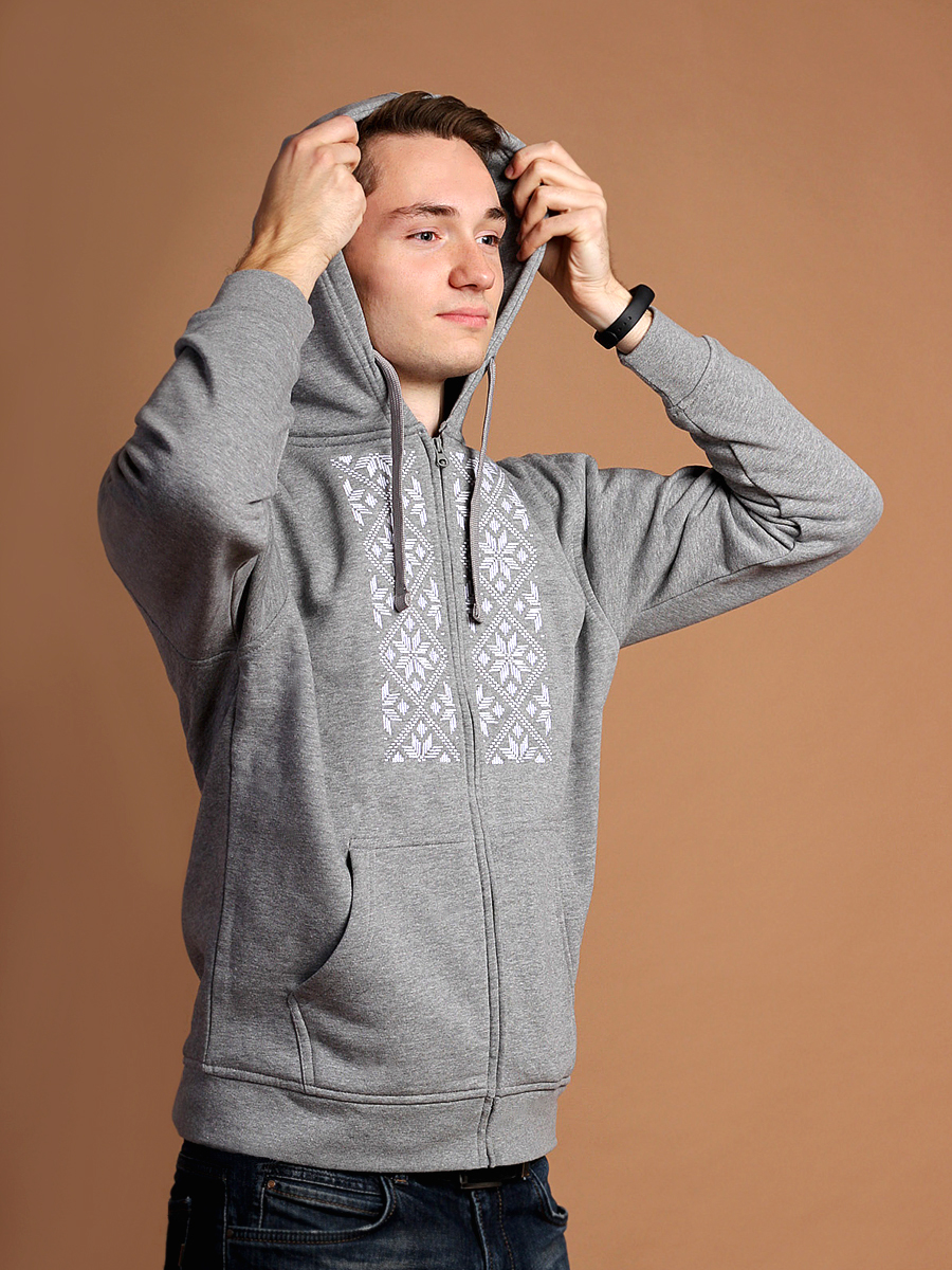 Худи мужское на молнии серое с белой вышивкой "Васьмірог"