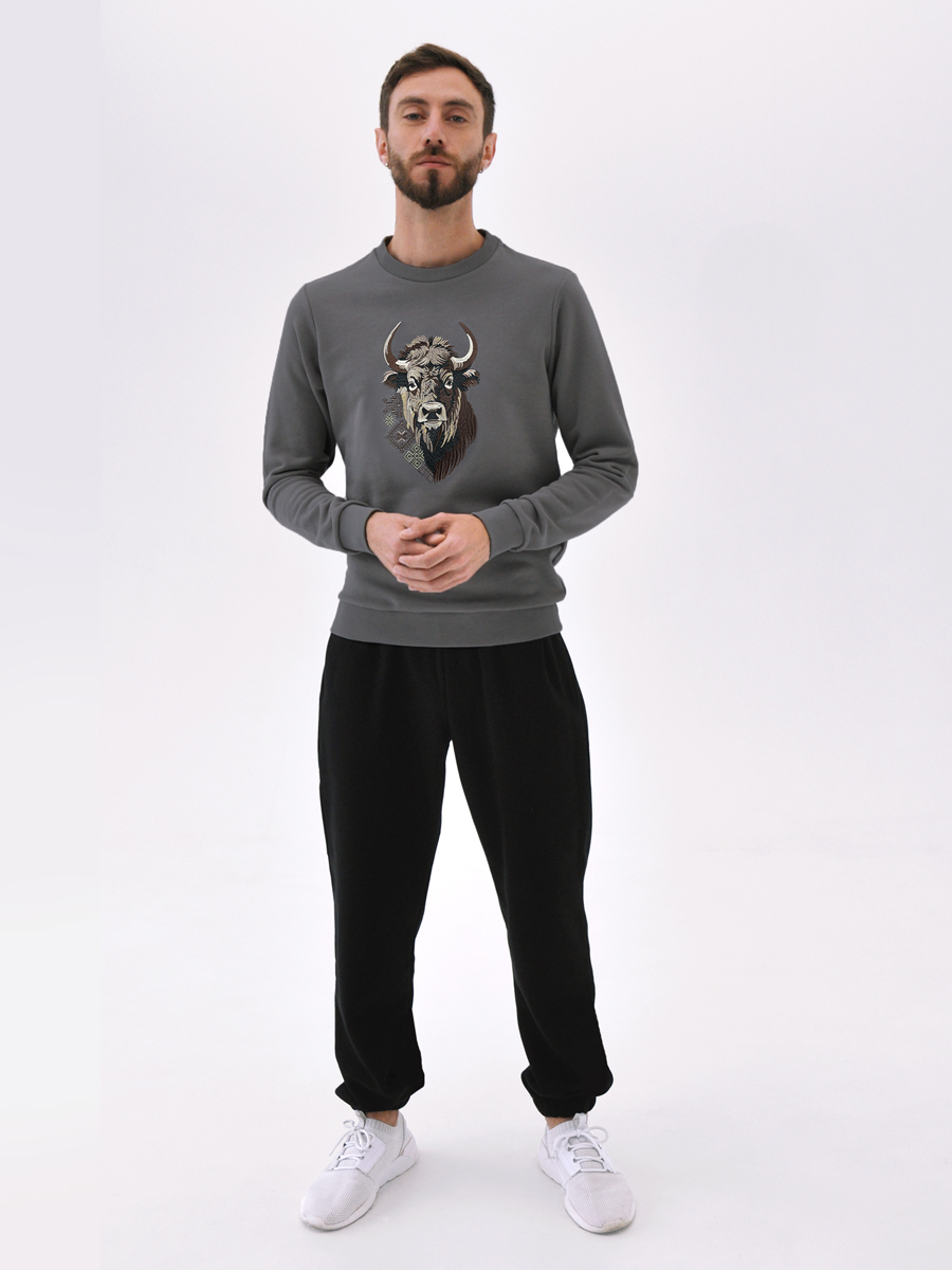 Свитшот мужской графитовый с вышивкой "Бизон"