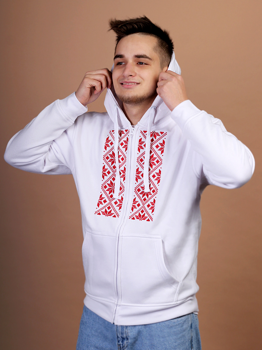 Худи мужское на молнии белое с красной вышивкой "Васьмірог"