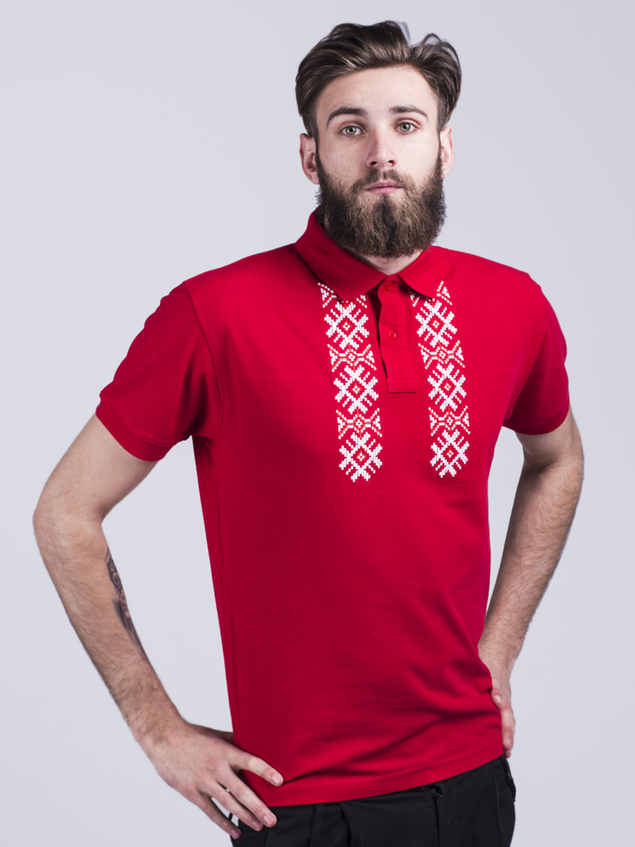 Футболка-поло мужская красная с белой вышивкой "Сонца"