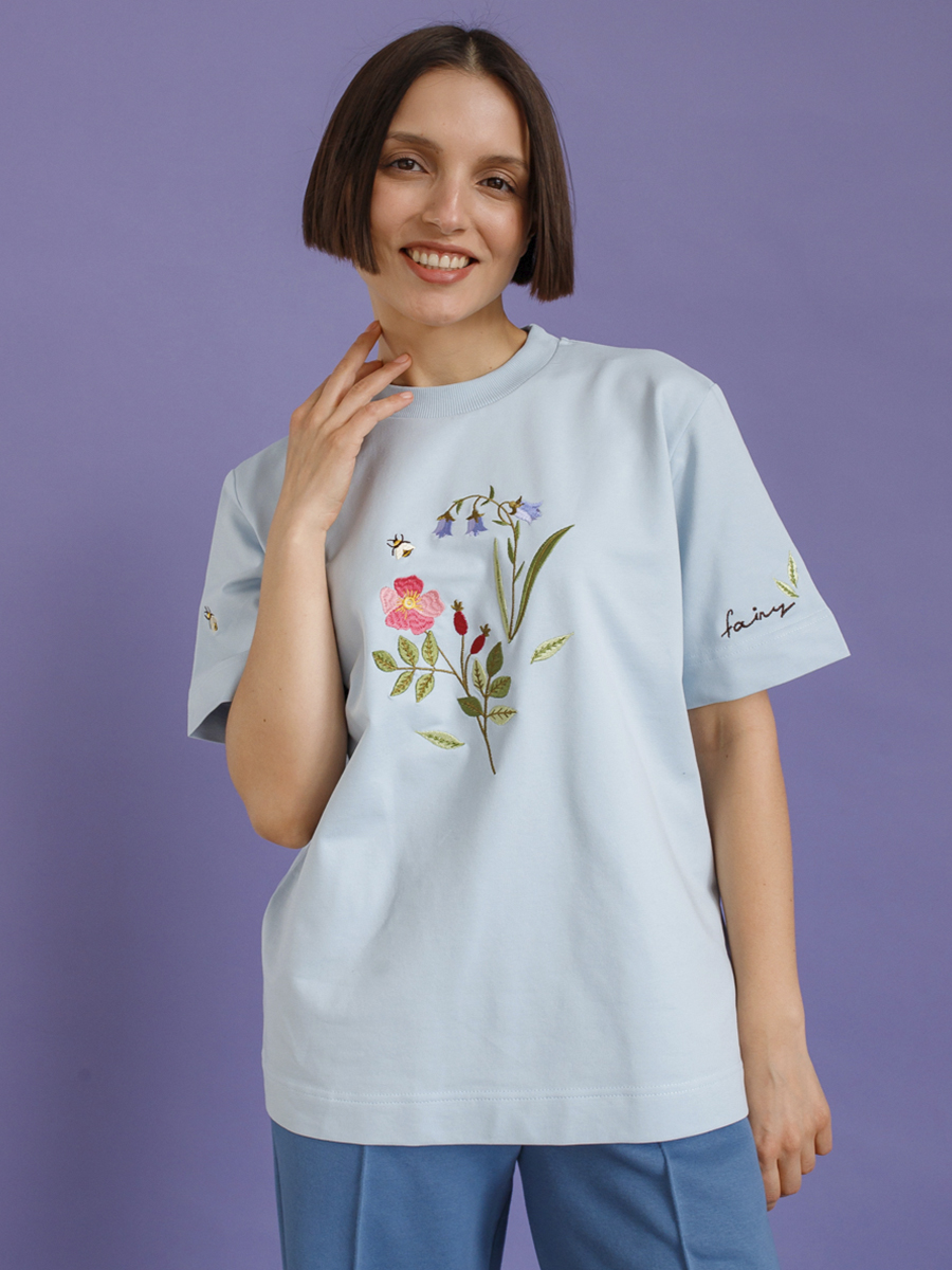 Серо-голубая футболка оверсайз (плотная) с вышивкой «Шиповник»