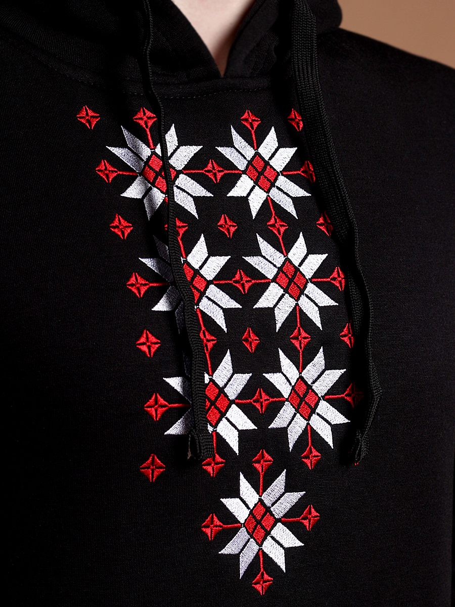 Худи мужское черное с красно-белой вышивкой "Жыцце" 