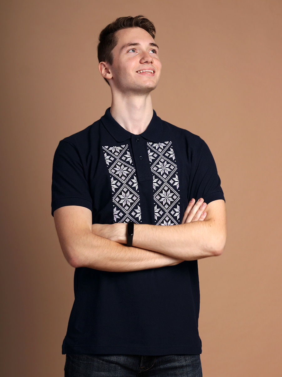 Футболка-поло мужская темно-синяя с белой вышивкой "Васьмiрог" 