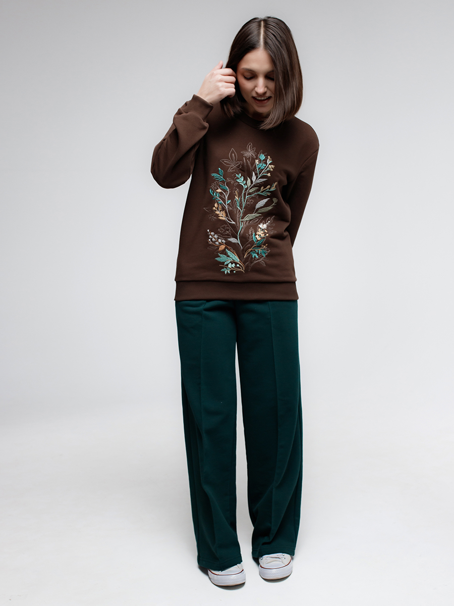 Свитшот женский шоколадный с вышивкой "Осенний джаз"