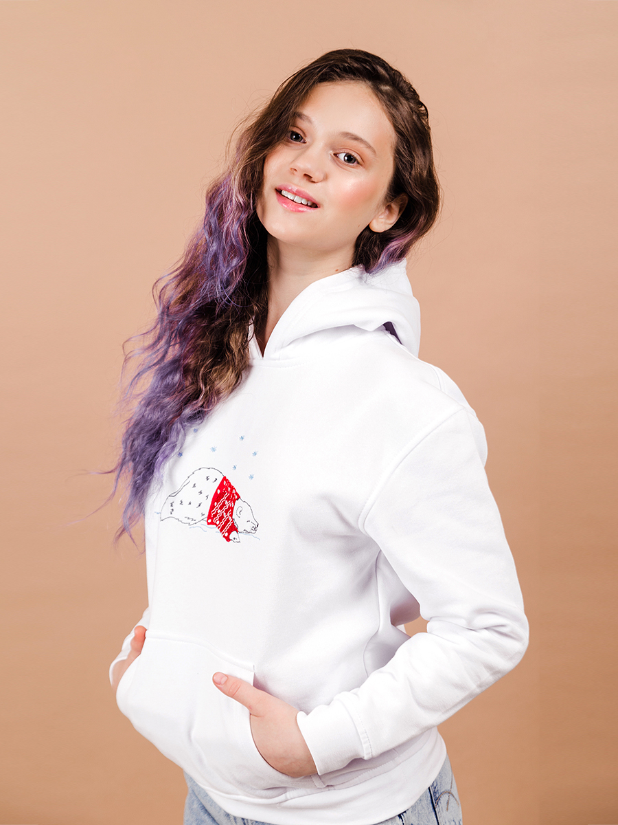 Подростковое белое худи с вышивкой "Северный Мишка" 