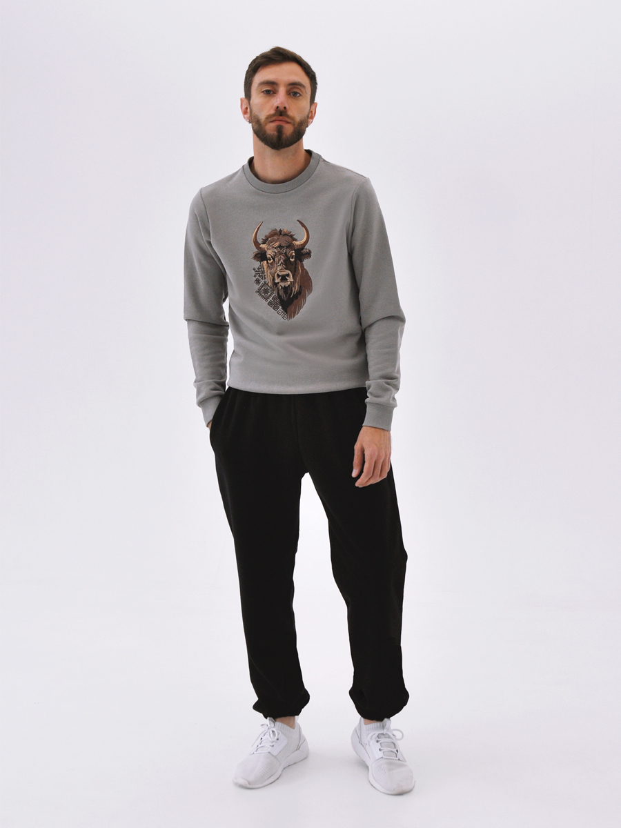 Свитшот мужской серо-бежевый с вышивкой "Бизон"