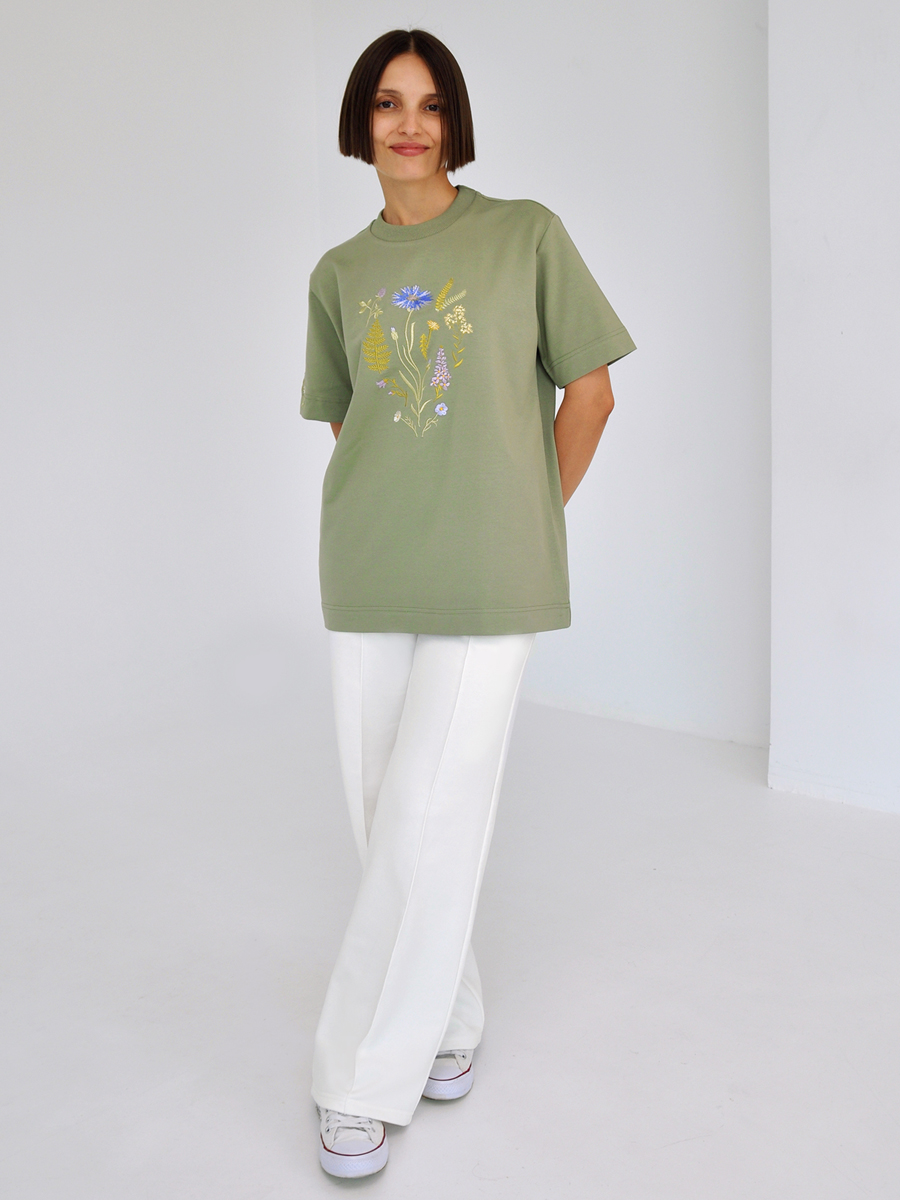 Оливковая футболка оверсайз (плотная) с вышивкой «Купалле» 