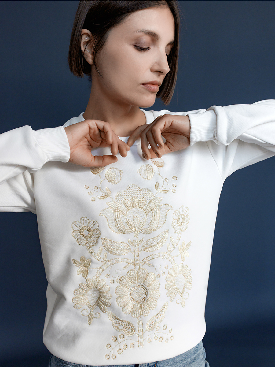 Свитшот молочный женский с вышивкой "Дрэва жыцця" 