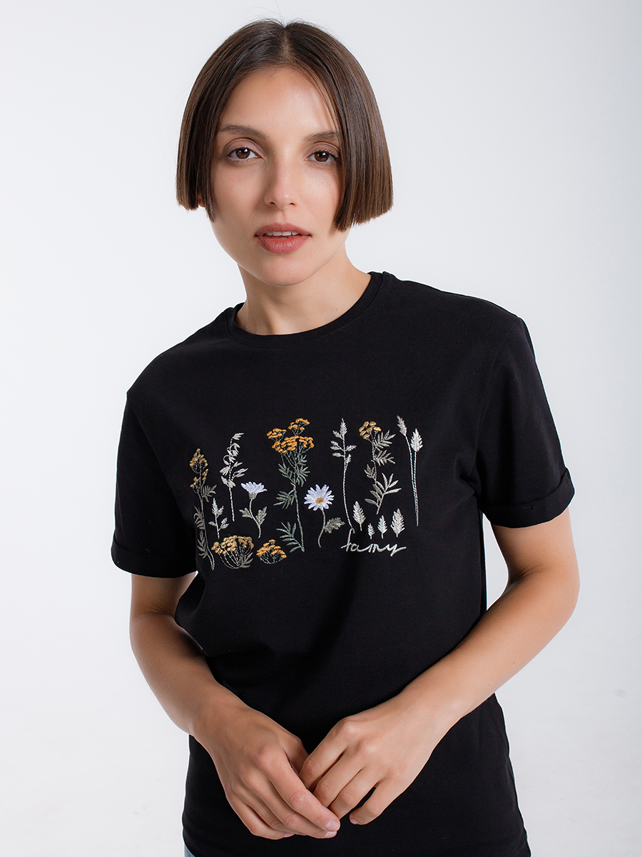 Женская футболка черная оверсайз с вышивкой "Солнечное настроение"
