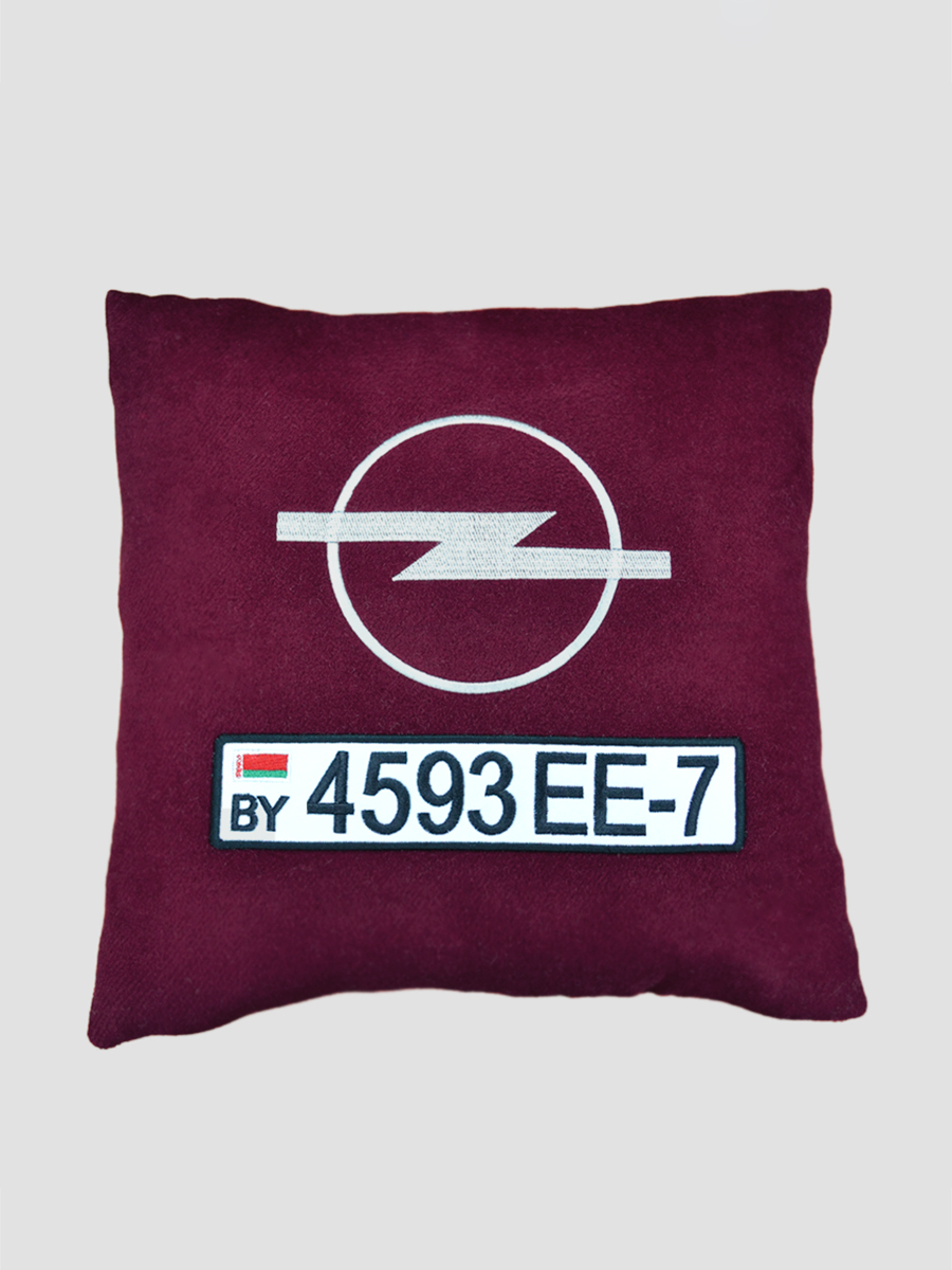 Подушка бордовая "Opel" с гос.номером, 33х33 см