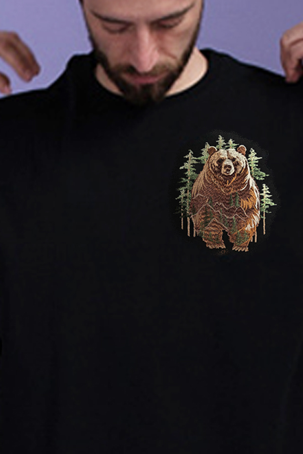 Черная футболка мужская плотная с вышивкой "Медведь"