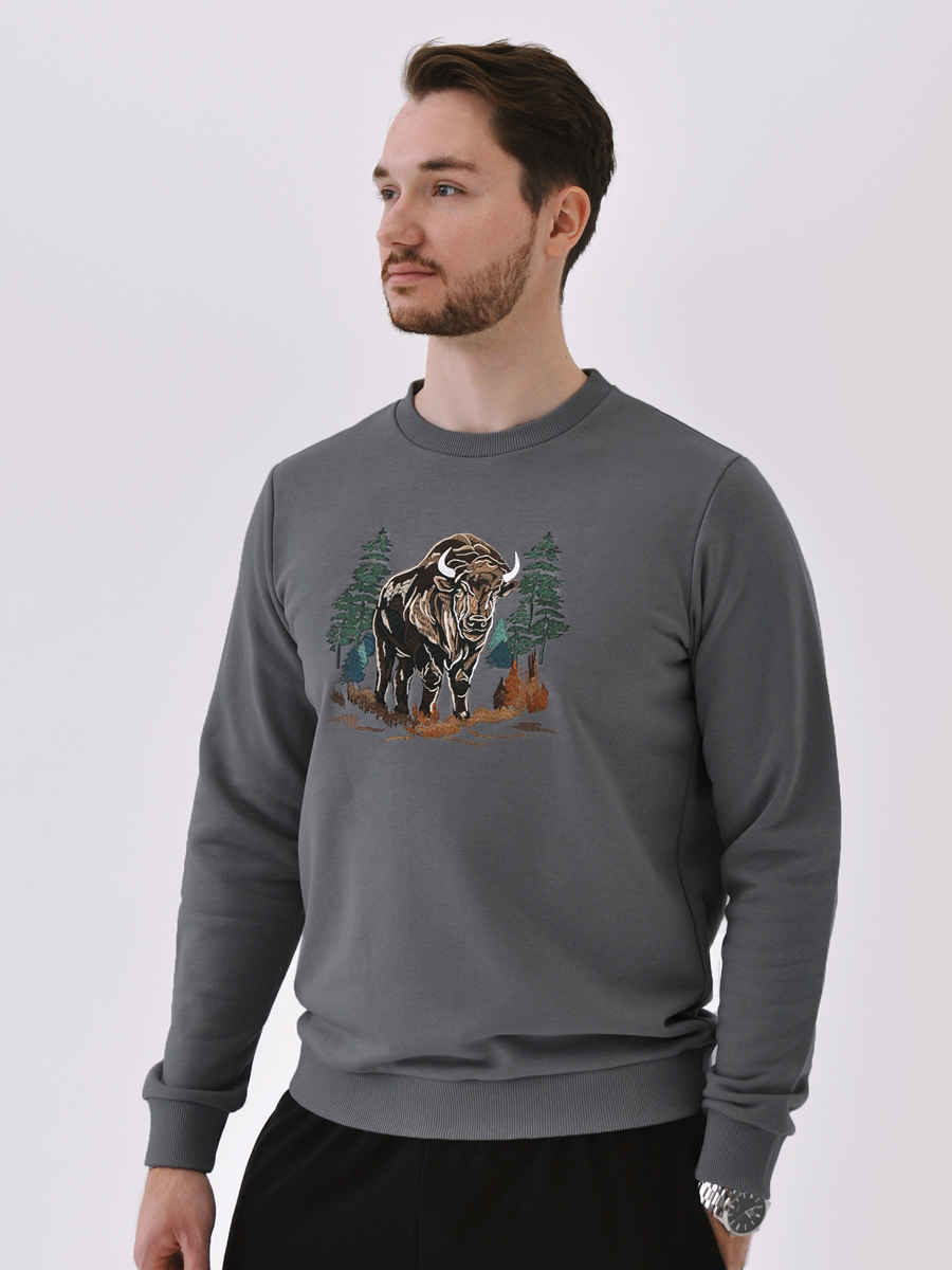 Свитшот мужской графитовый с вышивкой "Зубр" 