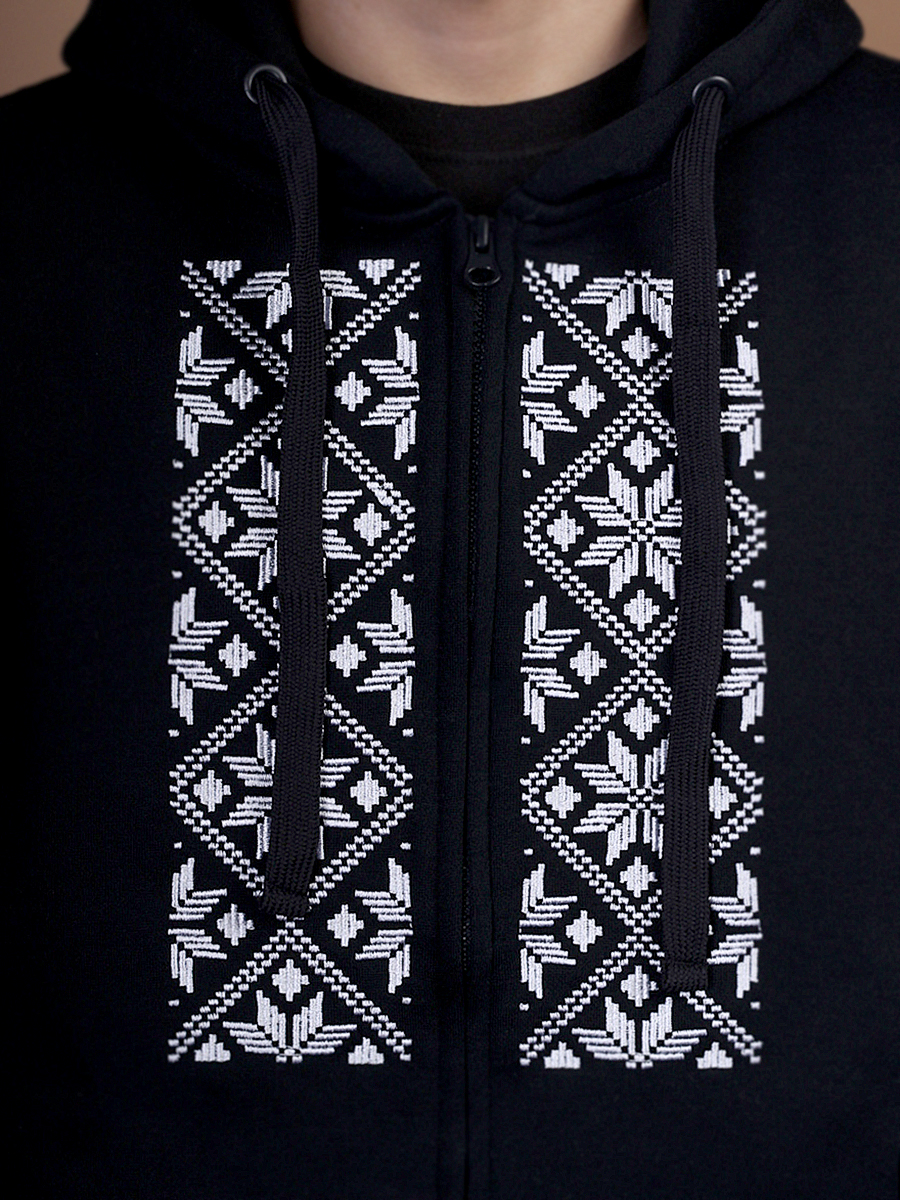 Худи мужское на молнии темно-синее с белой вышивкой "Васьмірог"