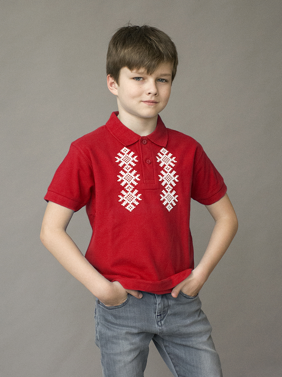 Детская футболка-поло красная с белой вышивкой "Ярыла"
