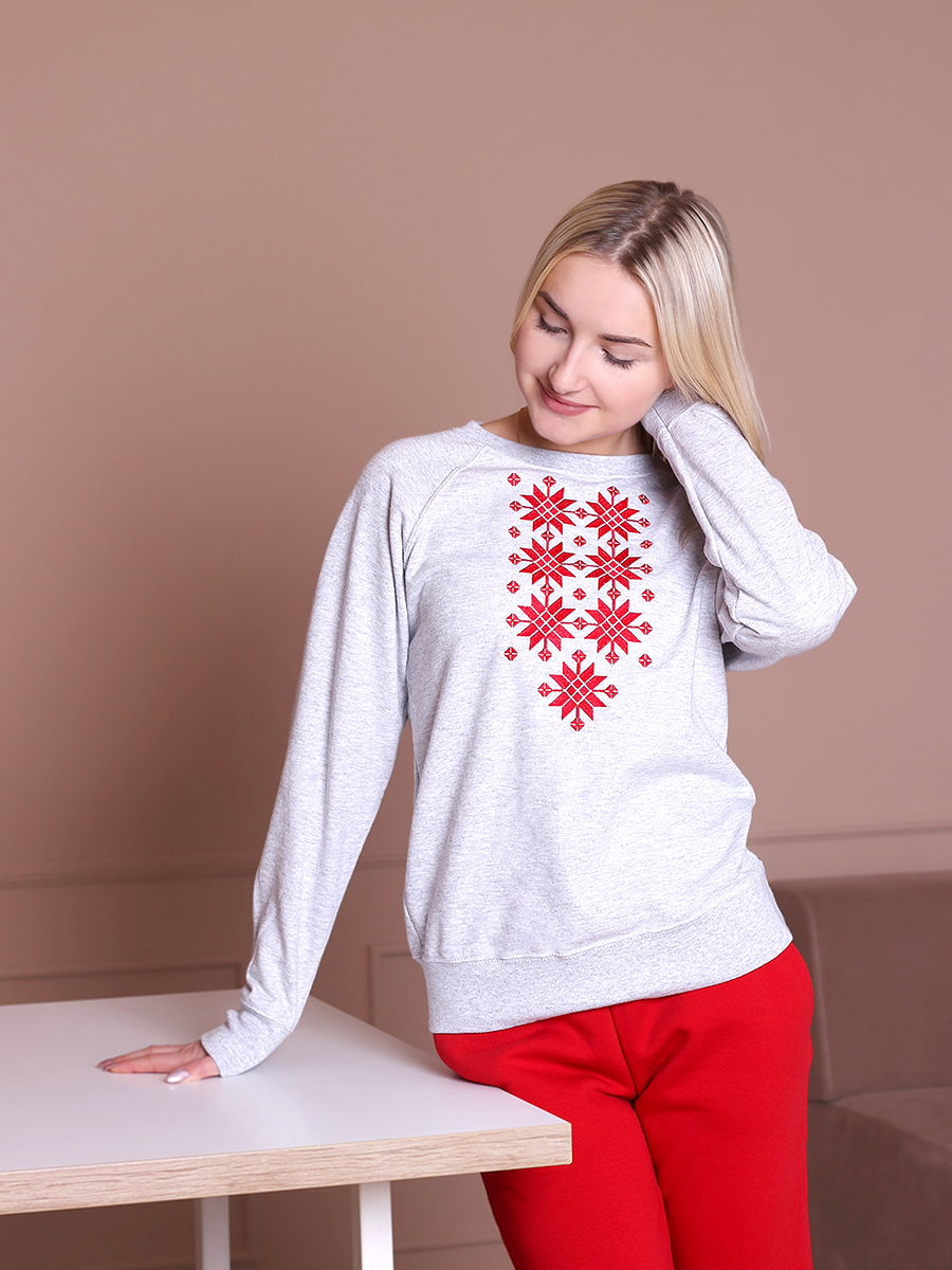 Свитшот реглан женский серый с красной вышивкой "Жыццё" 