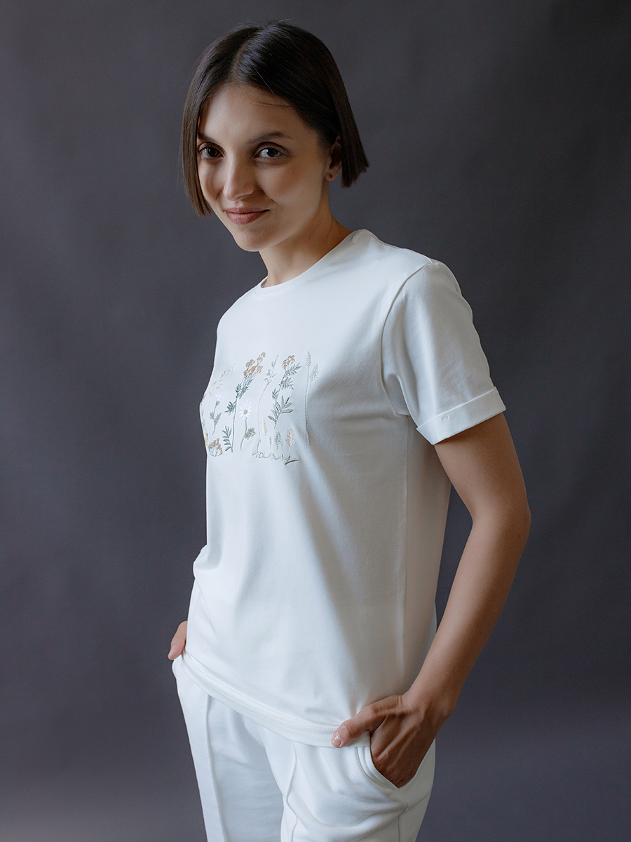 Женская футболка молочная оверсайз с вышивкой "Солнечное настроение"