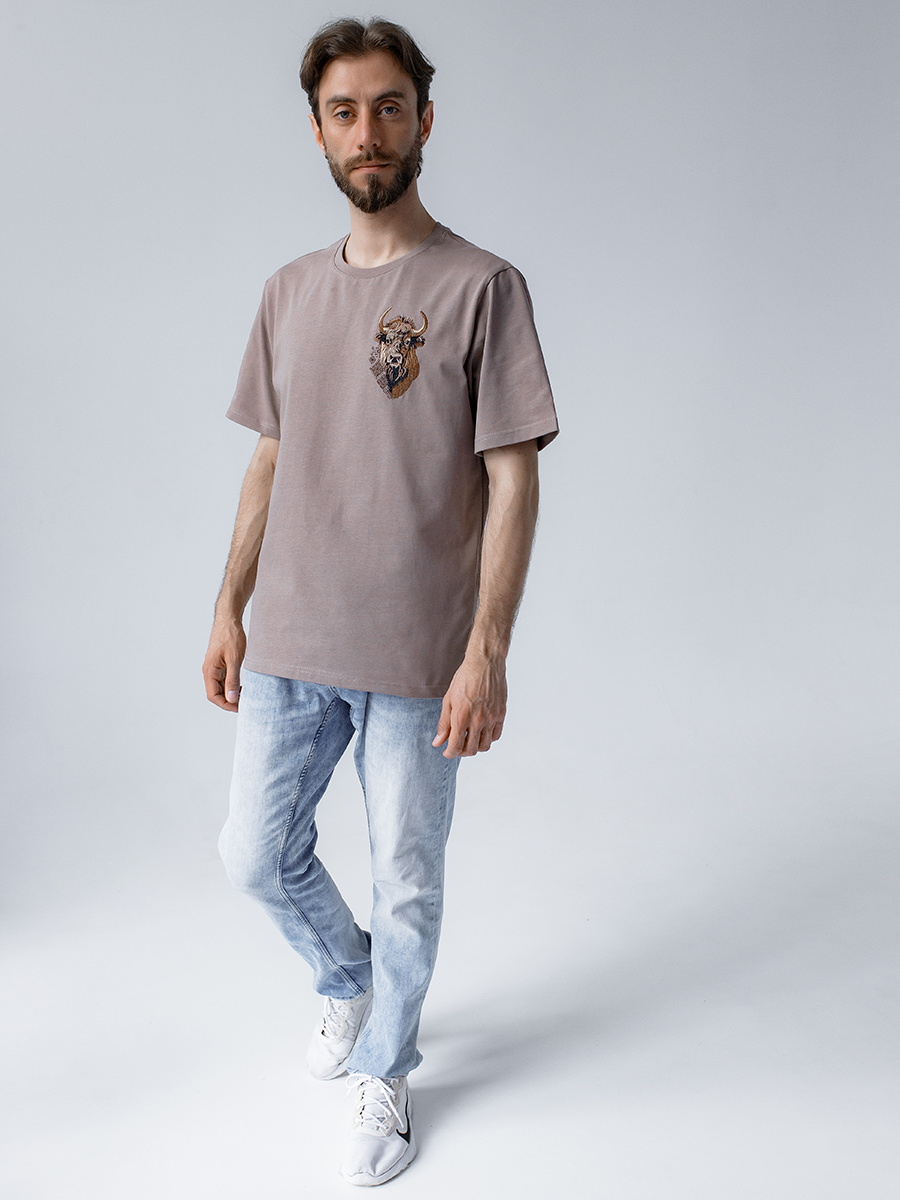 Капучино футболка мужская плотная с вышивкой "Бизон"