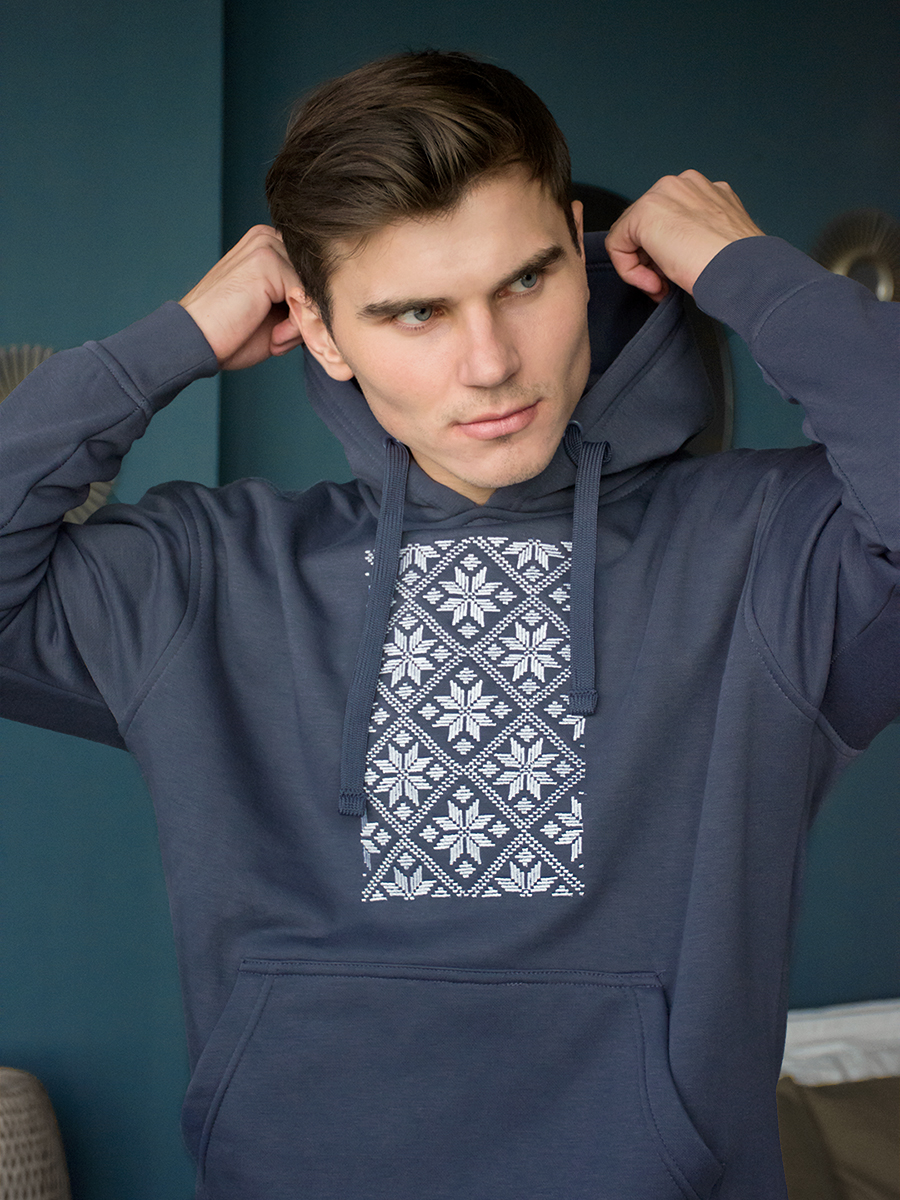 Худи мужское цвета деним с белой  вышивкой "Васьмірог"