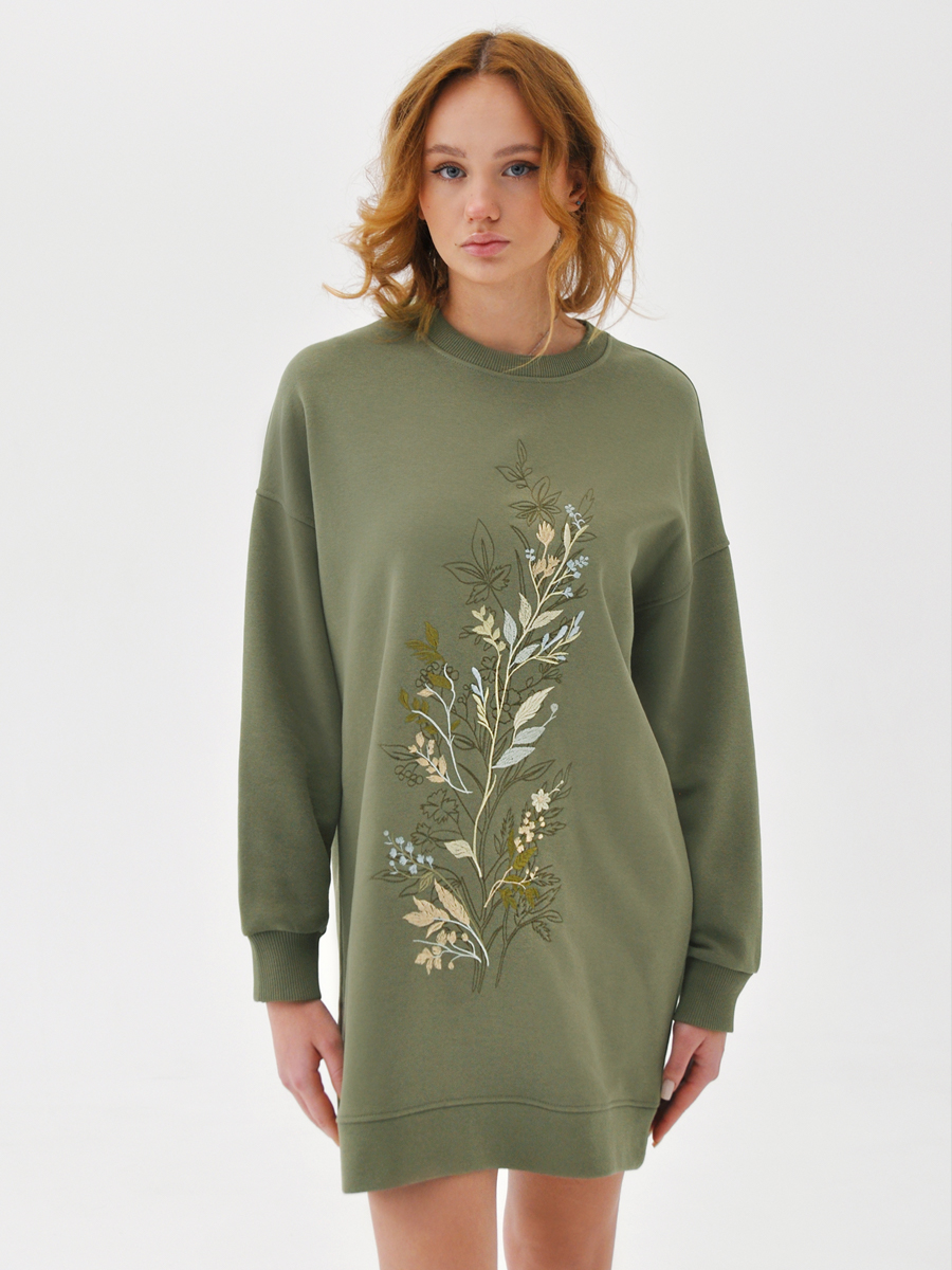 Платье цвета хаки с вышивкой "Танец листвы"