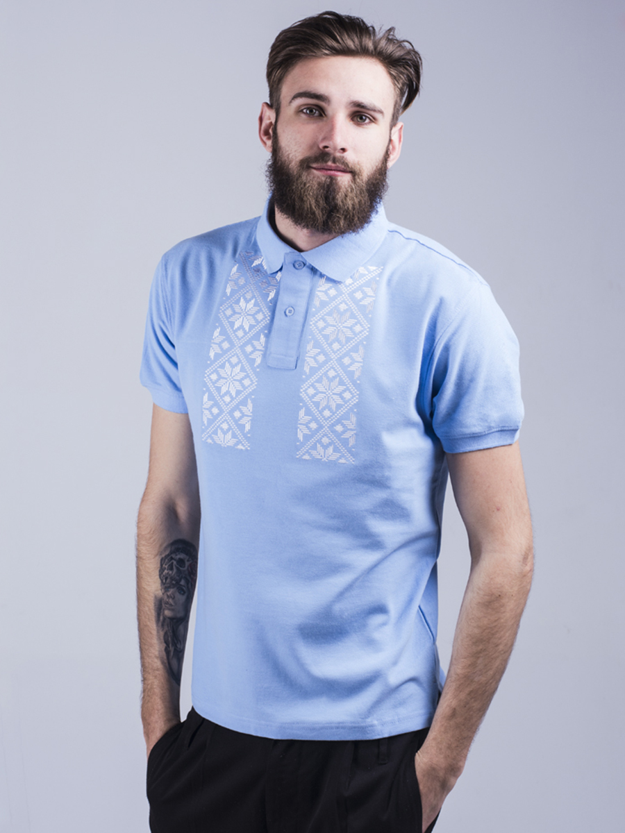 Футболка-поло мужская голубая с белой вышивкой "Васьмірог"