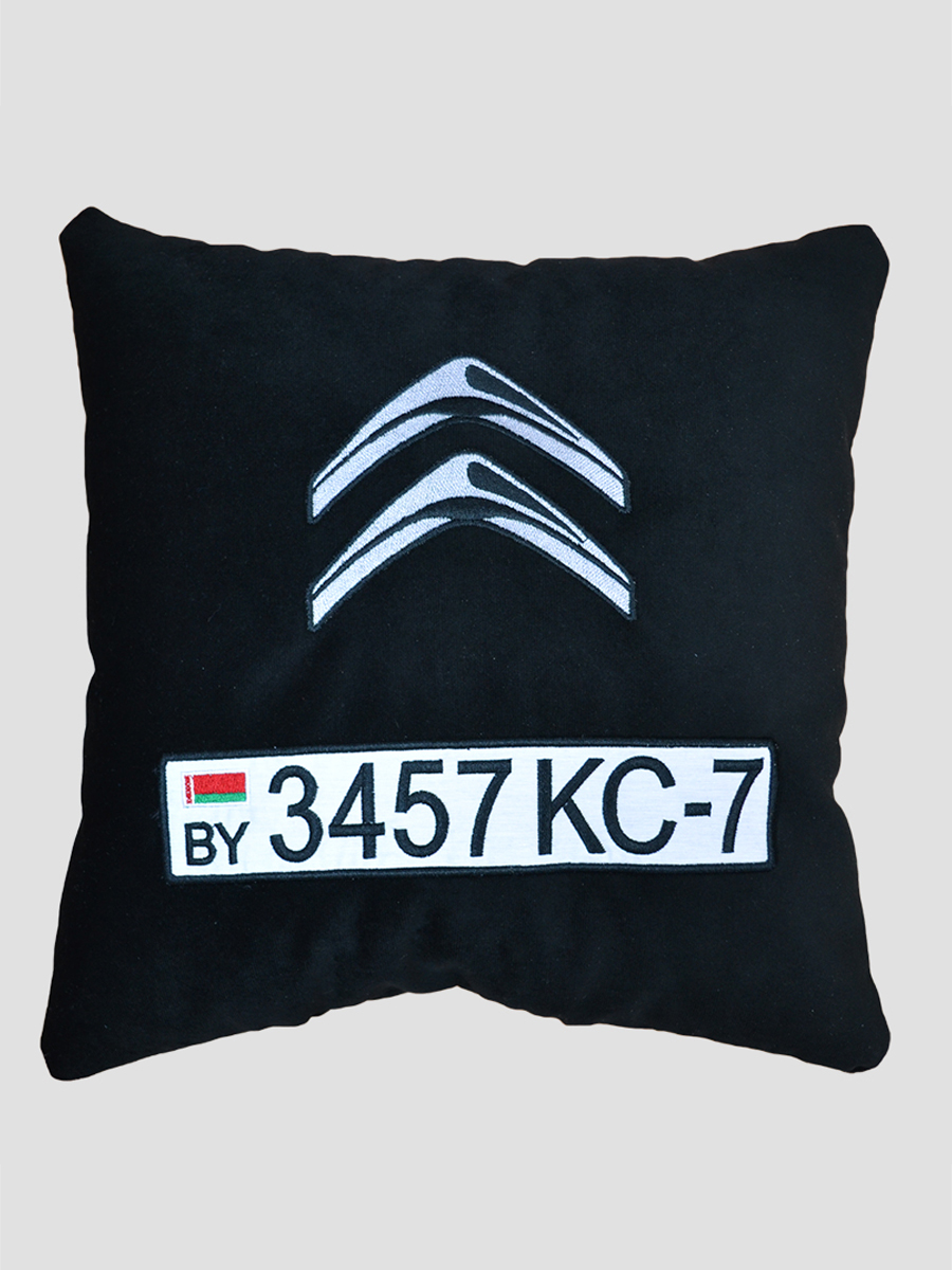 Подушка черная "Citroën" с гос. номером, 33x33 см