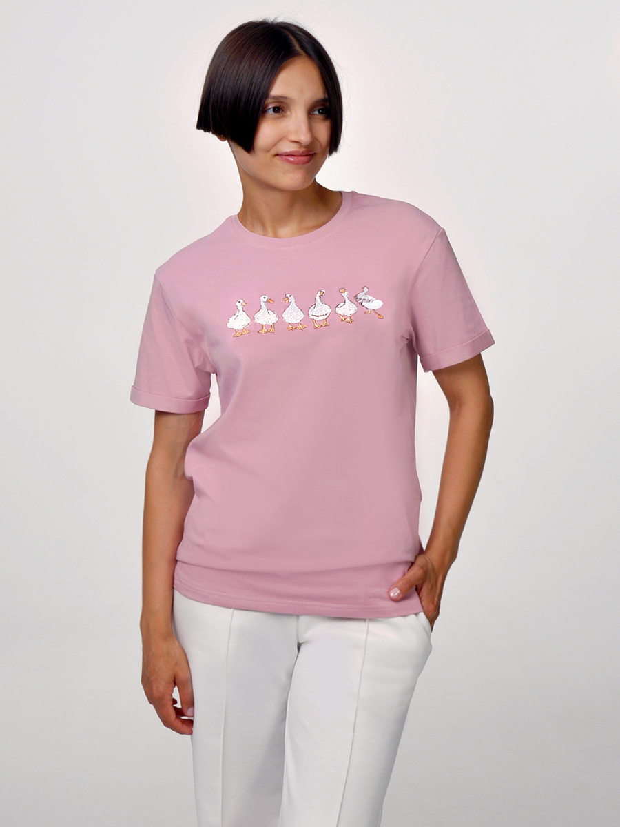 Женская футболка оверсайз цвета пыльная роза с вышивкой "Гуси"