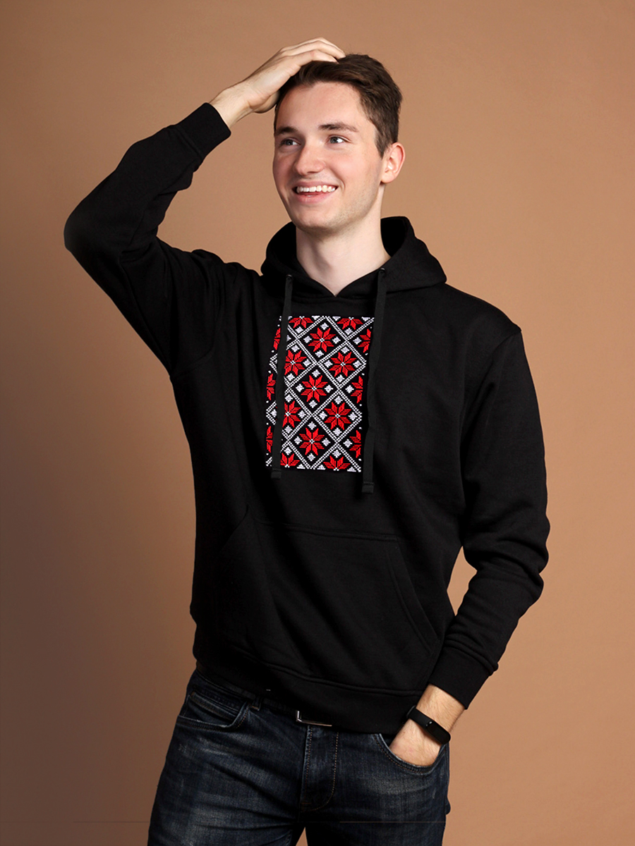 Худи мужское черное с красно-белой вышивкой "Васьмірог"