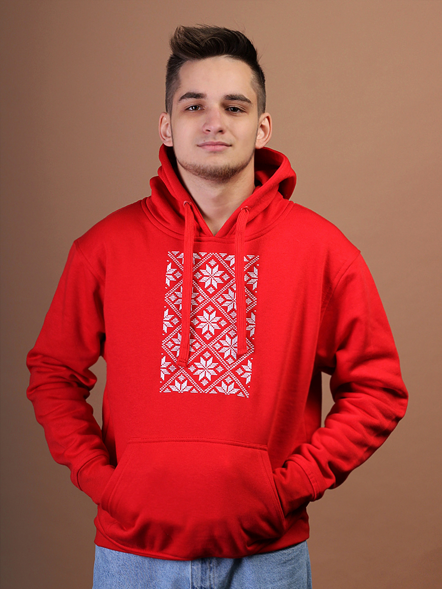 Худи мужское красное с белой вышивкой "Васьмірог"