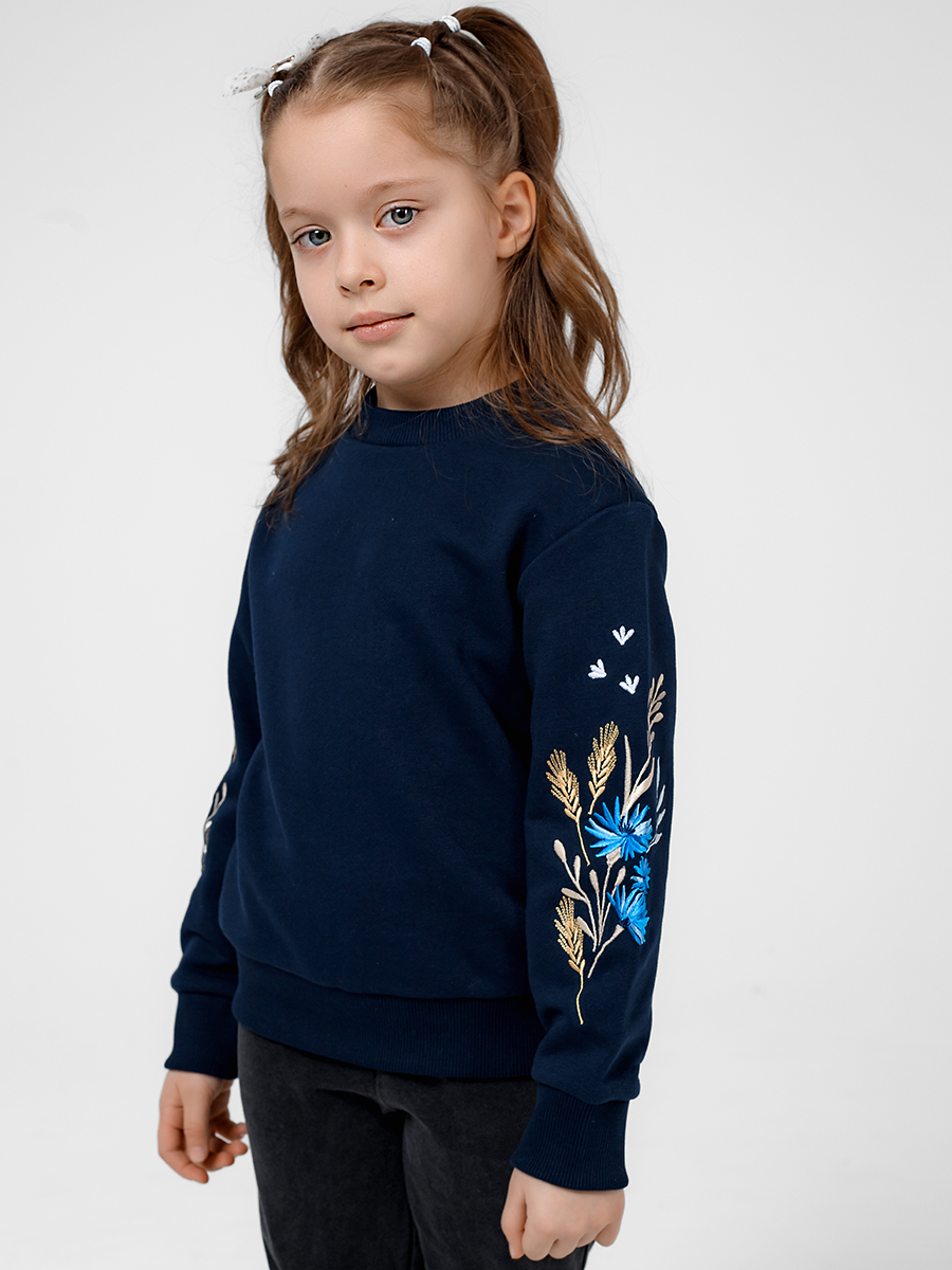 Детский темно-синий свитшот с вышивкой "Валошкі ў каласах"