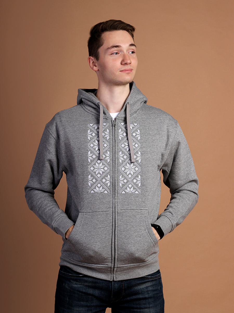 Худи мужское на молнии серое с белой вышивкой "Васьмірог"