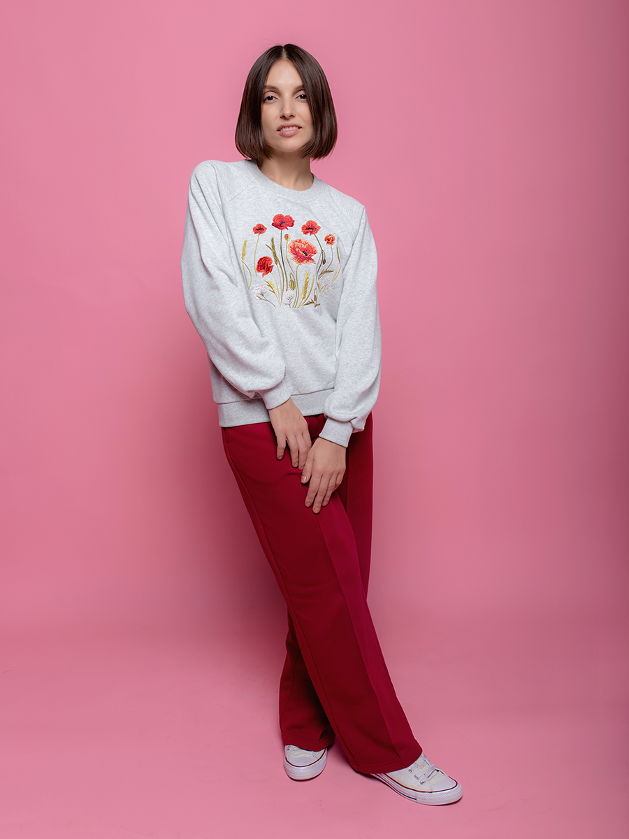 Женский свитшот реглан светло-серый с вышивкой "Маков цвет"