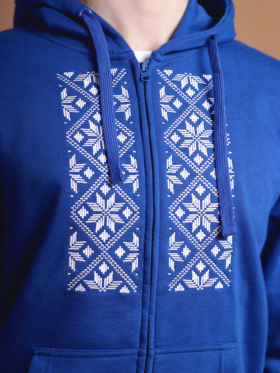 Худи мужское на молнии васильковое с белой вышивкой "Васьмірог"