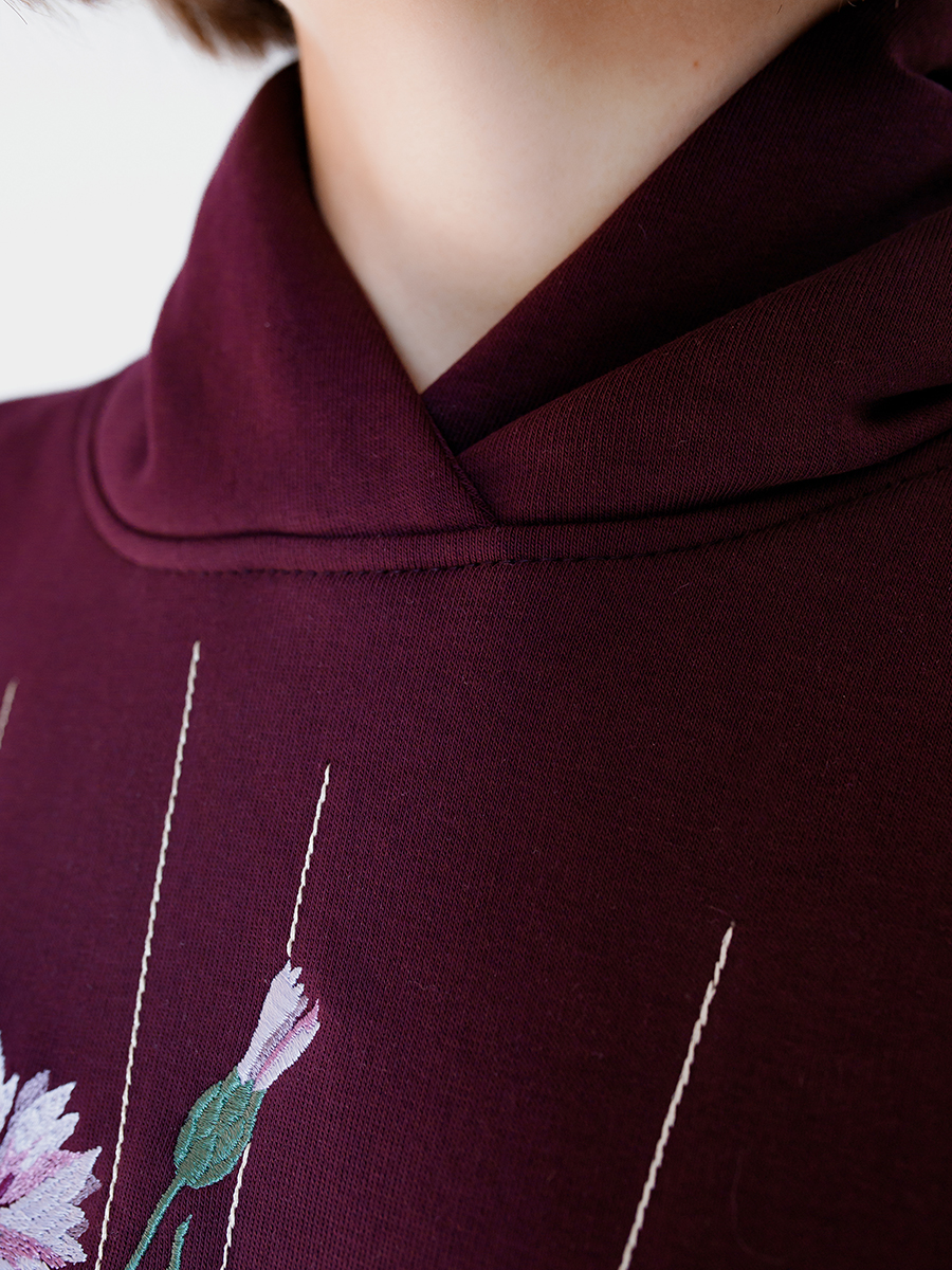 Худи оверсайз баклажанового цвета с вышивкой "Полевые цветы"