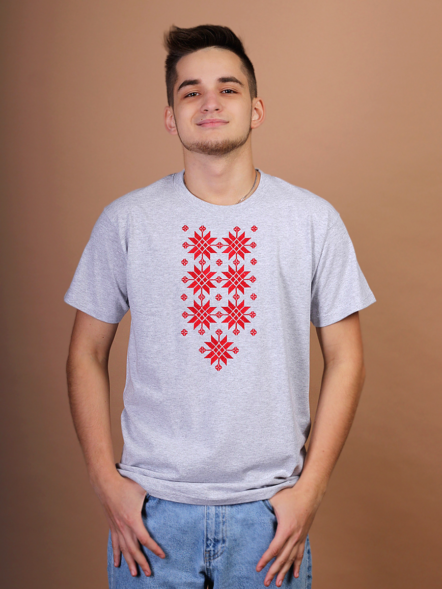 Мужская футболка серая с красной вышивкой "Жыццё"