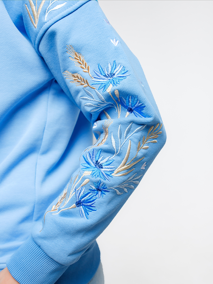 Женский свитшот голубой с вышивкой "Валошкі ў каласах"