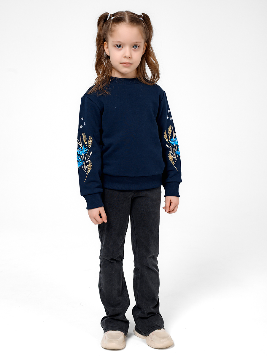 Детский темно-синий свитшот с вышивкой "Валошкі ў каласах"